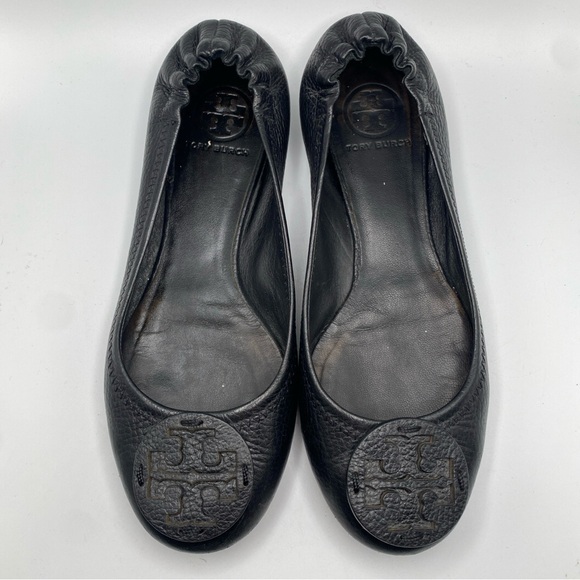 Tory Burch Minnie Travel Ballet Logo Black Leather Ballet Flat EUC 7-SOLD - Picture 2 of 9
